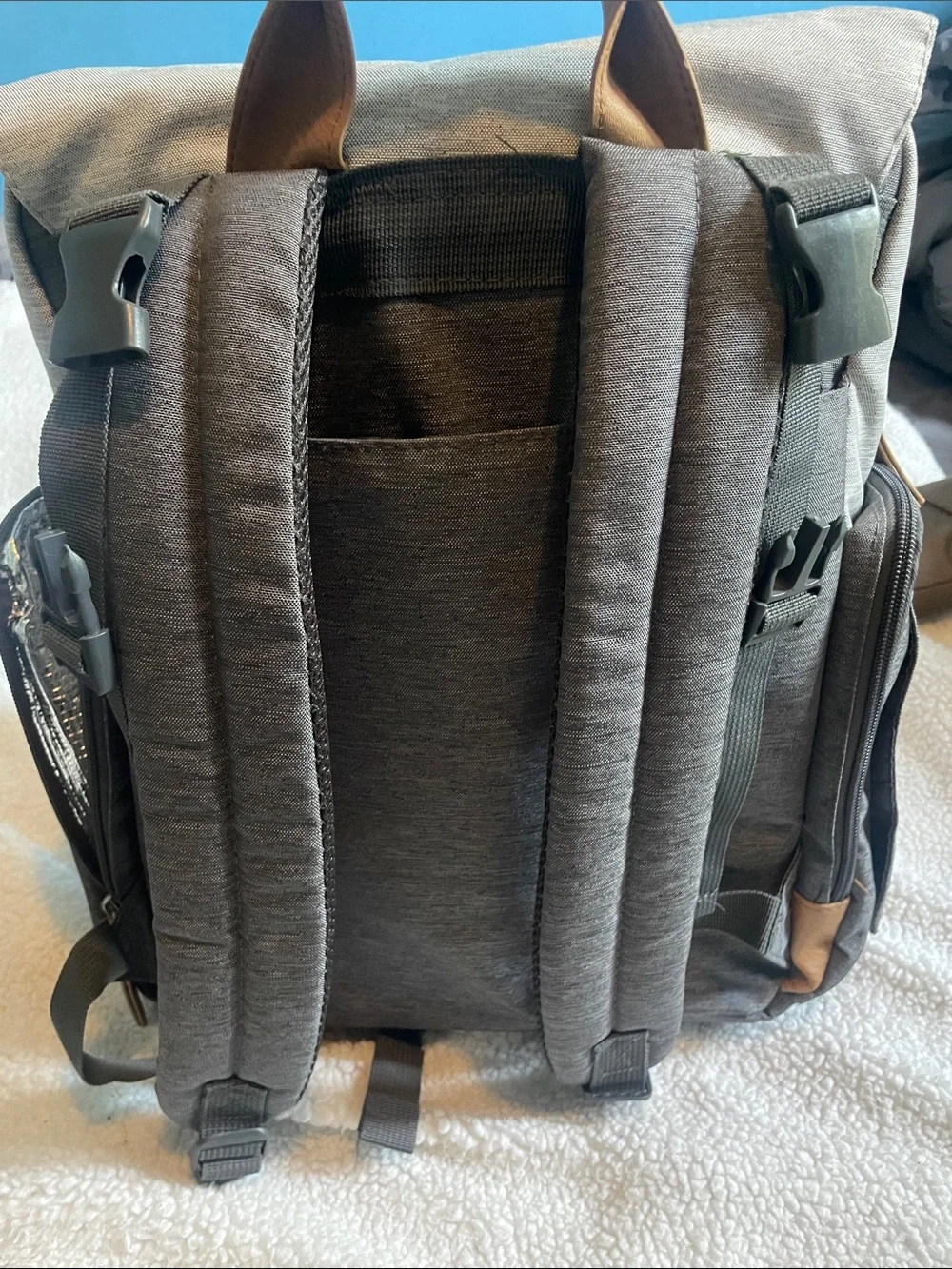 Eddie Bauer Two-Tone Gray and Light Gray Canvas diaper bag with Tan Accents